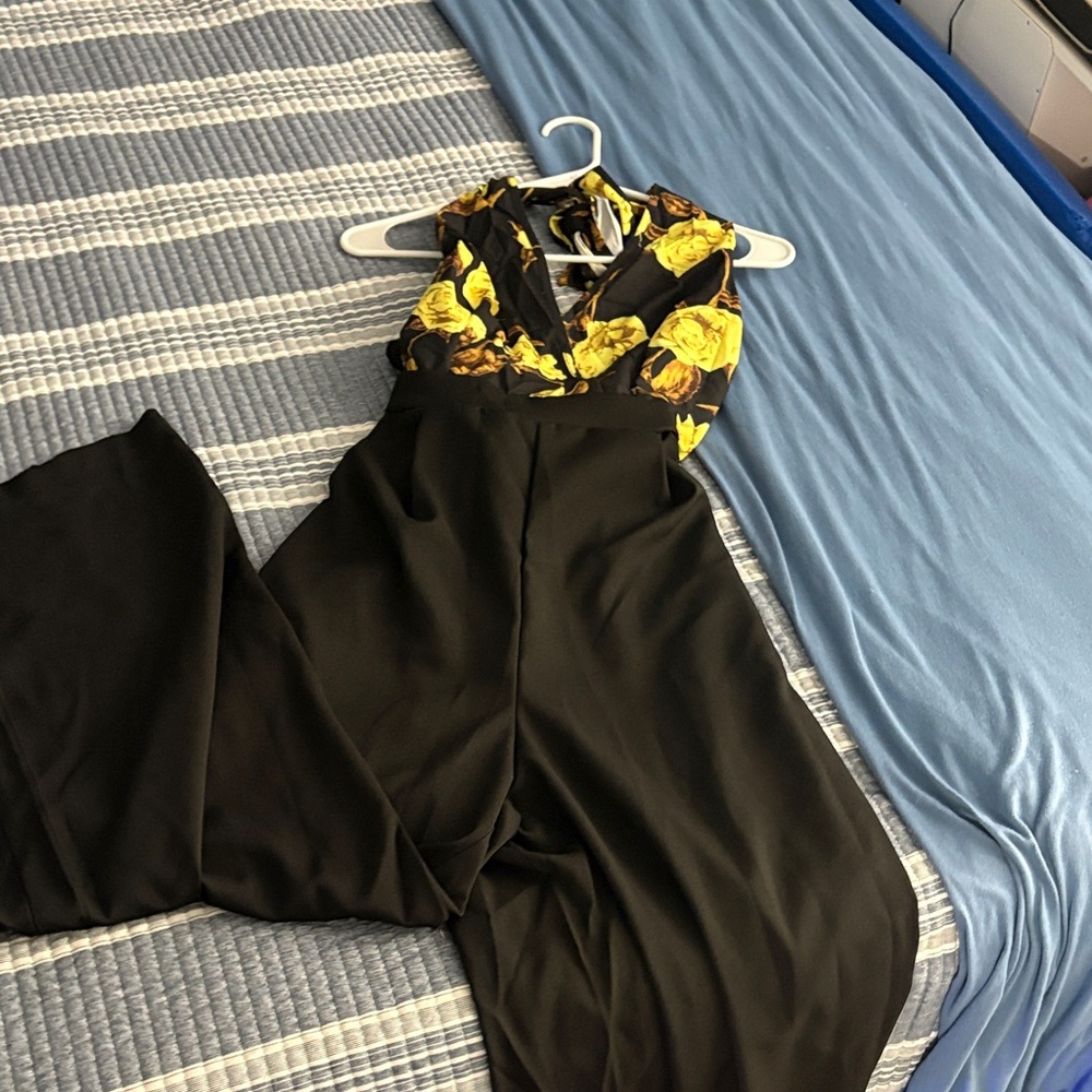 Floral Halter Jumpsuit - Black and Yellow